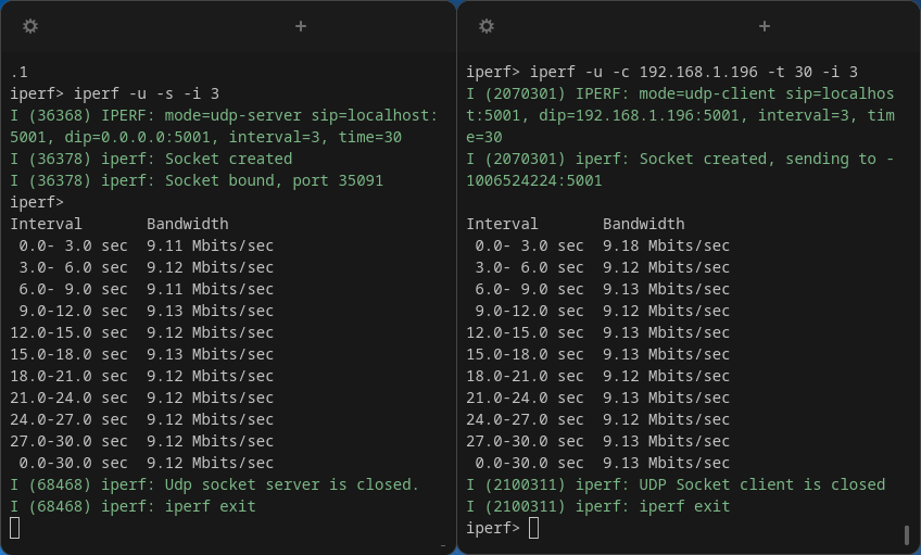 iperf from a ManT1S to a wESP32 (through a ManT1S-Bridge) shows an average of about 9.12 Mbits/sec