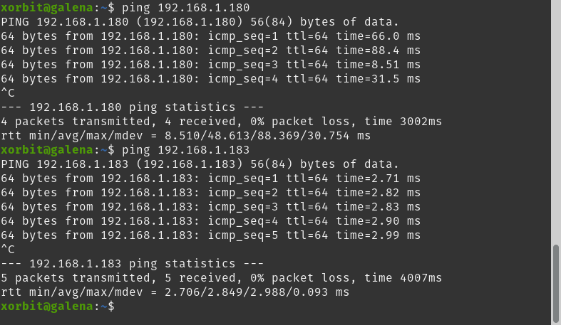 ping 192.168.1.180 shows latencies from 8.5 to 88 ms, ping 192.168.1.183 shows latencies from 2.71 to 2.99 ms