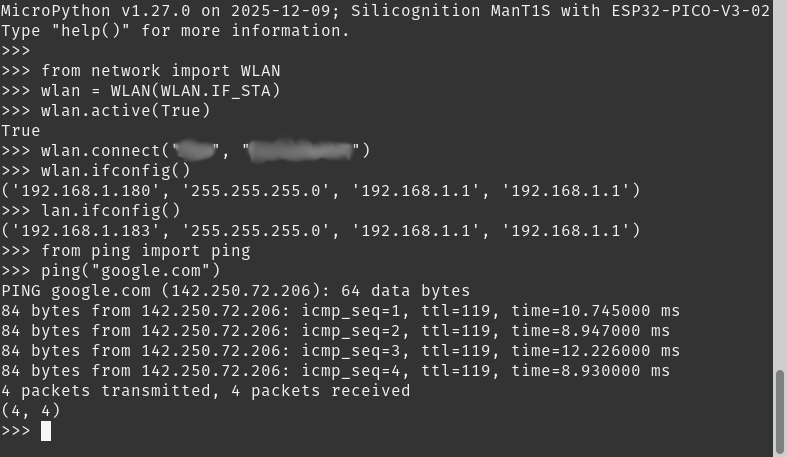 wlan.ifconfig() shows IP 192.168.1.180 and lan.ifconfig() shows IP 192.168.1.183